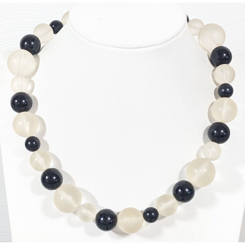 Vintage Black Frosted Clear Lucite Bead Choker Necklace 17"
